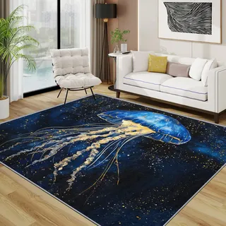 Generisch Qualle Teppich Waschbar, Unterwasser Blau Teppich 80x150 cm, Sternenmeer rutschfest Waschbar Pflegeleicht Teppiche Für Schlafzimmer Küche, Blau Gold