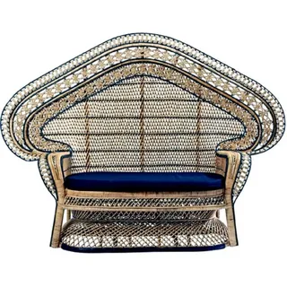 Casa Padrino Vintage Rattan Gartensofa Naturfarben / Blau 200 cm