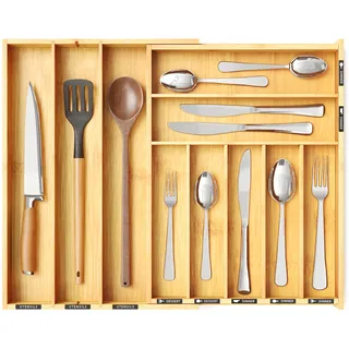 SpaceAid Bambus-Besteck-Schubladen-Organizer mit Etiketten, Küchenutensilien, erweiterbarer Tabletthalter für Besteck, Besteck, Löffel und Messer, Schubladenaufbewahrung (natürlich, 10 Fächer)
