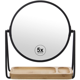 DRW Runder Spiegel mit 5-facher Vergrößerung aus Metall und Holz in Schwarz und Natur, 18 cm