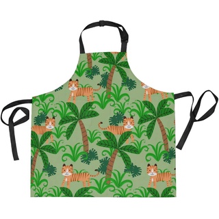 DOMIKING Damen Schürzen Tiger Tropical Forest Schürze Unisex Küche Latzschürze mit Taschen Verstellbarer Hals zum Kochen, Backen, Gartenarbeit