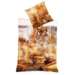 JACK Bettwäsche Tiger Raubkatze Wald Kaeppel, Satin, 2 teilig, hochwertiger Digitaldruck mit einem eleganten Tigermotiv, Baumwolle orange