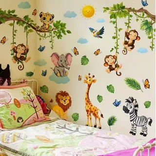 Montegoni Wandsticker Dschungel Tiere Wandsticker Set Kinderzimmer Junge Wandtattoo (Mehrteiliges Wandsticker Set, 4pcs 2D Flat Wandsticker), Selbstklebend, Ablösbar, Glänzend, Mehrteilig, Dekorativ