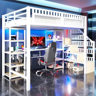 BTM Jugendbett 140 x 200 cm Metall Hochbett mit Schreibtisch, LED-Lichtleiste Kinderbett mit Treppe Einzelbett mit Stauraum, Schwarz, ohne Matratze