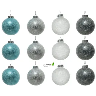 Kaemingk Weihnachtsbaumkugel, Weihnachtskugeln Frostoptik Kunststoff 8cm 12er Set türkis / silber bunt|grau|silberfarben