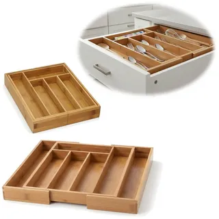 LS-LebenStil Besteckkasten Holz Schubladeneinsatz 28-45cm ausziehbar Besteckbox Organizer Schubla (Besteckbox ideal in Küche, Haushalt für Aufbewahrung & Organisation, 1 St., Organizer verstellbar für handelsübliche Küchen-Schubladen), FSC Bambus Cutlery Utensilienhalter Schubladentrenner braun