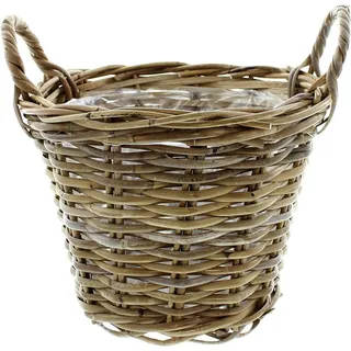 Frank Flechtwaren Pflanzkorb Rattan, Grau Gekalkt, Mit Folie & Griffen, ca. Ø 30x23 cm, Bepflanzungsfertig Wohnzimmer Boho
