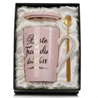 Beste Freundin Geschenke für Frauen, Beste Freundin der Welt Tasse - Geburtstagsgeschenk Geschenk für Freundinnen Geburtstag, 400 ml Rosa Freundschaft Becher mit Deckel, Löffel, Karte, Geschenkbox