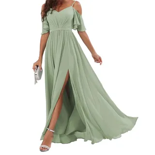 Schulterfreies Chiffon Brautjungfernkleid mit langen Linien Falten für Frauen, Salbei Grün, 38 - 38
