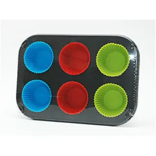 HundB Backform Muffin-Backform 6 Mulden Schwarz mit Silikonförmchen Grau, (Set 7-tlg), Backblech Backform Muffinform Silikonform Backzubehör Backutensil bunt