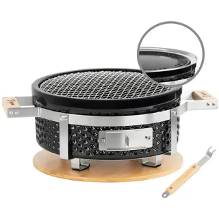BBQ-Toro Tischgrill Keramik Tischgrill Rund, Ø 29,5 cm, Japanischer Grill mit Holzunterlag, Optimale Hitzespeicherung durch dickwandige Keramikhülle schwarz