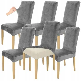 Stuhlhusse Stretch Grau - Samt - 6 Stück - Universal - Esszimmer Stuhlbezug - Grau