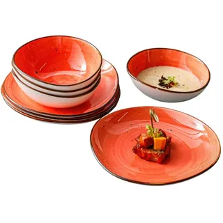 Kadum Potosi 8-teiliges Geschirrset für 4 Personen | Speiseteller Keramikteller hochwertige Keramik Bowls Saladbowls | 4x Frühstücksteller Ø 21,0 cm & 4x Salatbowl Ø 15,0 cm (Rot-Orange)
