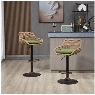 BlingBin Barhocker 2er Set Barstuhl Tresenhocker Bistrohocker mit Rattan Design (2pcs, 2 St., 2er Set), mit Sitzkissen und Fußstütze für Bar, Theke und Küche grün