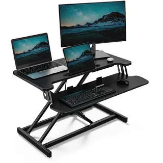 VonHaus Schreibtischaufsatz Höhenverstellbar, Schwarz, 80 x 40 cm | Steh-Sitz-Arbeitsplatz für Dual-Monitor & Tabletfach, Stehpult-Konverter mit Zwei Ebenen, Mit Tastaturablage