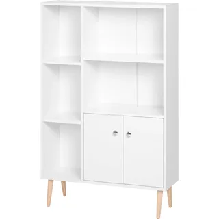 HOMCOM Skandinavisches Bücherregal mit Abmessungen 80L x 23,5B x 123H cm, 5 Nischen, Schrank, 2 Türen, schräge massive Holzfüße, Spanplatten in Weiß   Aosom