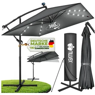 tillvex Sonnenschirm tillvex® Sonnenschirm LED Solar 235 x 235 cm Ampelschirm Gartenschirm, Kurbelschirm Marktschirm wasserdicht 360° drehbar, mit Kurbel & Windschutz Gartenschirm Aluminium, Alu Ampelschirm Ø330 cm Rechteckig mit LED Solar + Abdeckung