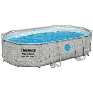 Bestway® Power SteelTM Swim Vista SeriesTM Frame Pool Komplett-Set mit Sandfilteranlage 488 x 305 x 107 cm , Steinwand-Optik (Cremegrau), oval