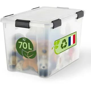 Iris Ohyama Luftdichte Kunststoff-Aufbewahrungsboxen mit Deckel, 70L, Transparent, Hermetischer wasserdichter Verschluss, Robuste Schnappverschlüsse, Stapelbar, Staubschutz, BPA-frei, WSB-70
