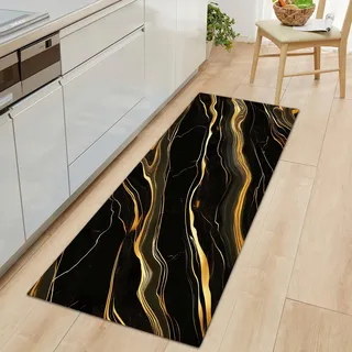 Teppich Läufer 80 x 300 cm, Schwarz Goldene Marmortextur Teppichläufer Flur rutschfest Waschbar Küchenläufer, Schwarz Gold Küchenteppich Läufer für Eingang Flur Küche Schlafzimmer Wohnzimmer