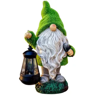 TERESA'S COLLECTIONS Lustig Gartenzwerge Gartendeko für Draußen 31cm Wetterfest Figur mit LED Solarlaterne Zwerg Gartenfiguren Kunstharz Gartenwichtel Grün, Geschenke für Frauen/Mama/Papa (XL)