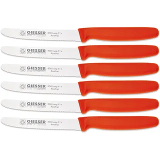 Giesser Messer - Made in Germany - 6er Set Brötchenmesser Tomatenmesser Küchenmesser Allzweckmesser Universalmesser Gemüsemesser 3mm Wellenschliff Klingenlänge 11cm Rot