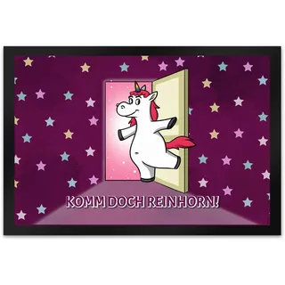 speecheese Fußmatte XL in 40x60 cm mit Einhorn Motiv und Spruch - Komm doch Reinhorn mit süßem Einhorn als Dekoration für das Kinderzimmer von einem Mädchen das rosa, Sterne und bunt liebt