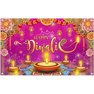 Luminora 1,8x1,1m rosa farbener Herbst-Hintergrund mit Happy Diwali | Rangoli, Feuerwerk, Blumen, Öllampen, Gebetshintergrund, indisches Deepavali-Fest, Party-Dekor, Foto-Banner, Requisiten