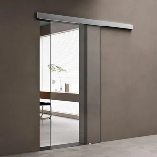 doporro Glasschiebetür Komplettset 90x205cm Zimmertür ESG-Glas Klarglas | Schiebetür mit Muschelgriff | 15mm Wandabstand | Edelstahl Türgriff | Aluminium Abdeckblende | Amalfi-plus 19