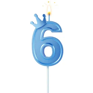 BOXOB 7,6cm Geburtstag Nummer Kerzen, Blau 3D Zahlen Geburtstagskerzen mit Krone Geburtstagskerzen für Torte Zahlen Kuchenzahlenkerzen für Geburtstag Jahrestag Partys (Nummer 6)