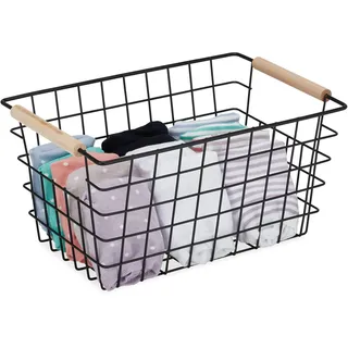 Relaxdays Drahtkorb Gitter Design mit Holzgriffen 31 x 21 x 16 cm schwarz