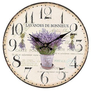 linoows Rustikale Lavendel Wanduhr im Landhausstil, Romantische Retro Uhr