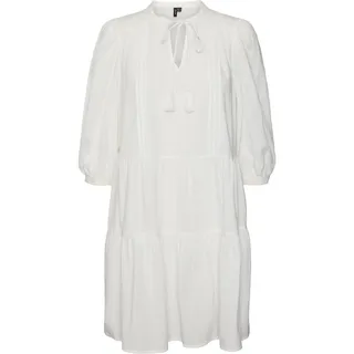 VERO MODA Damen Kurzes Crepe Kleid mit Kordel Midi Dress 3/4 Ärmel Sommerkleid Tunika, Farben:Weiß, Größe:L