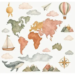 Wandtattoo Kinderzimmer Boho Weltkarte, 21er Set, Kontinente, Heißluftballon, Papierflieger, Boot, Wandsticker selbstklebend und ablösbar, 70 x 7... - Beige/Bunt