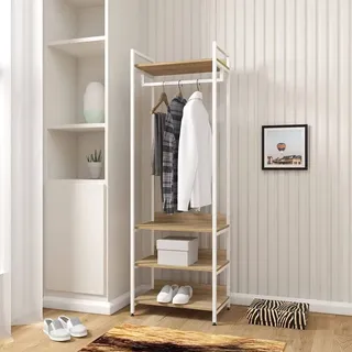 Kleiderständer Mit Regal Kleiderschrank Offener Mit Schuhregal Garderobenständer Für Schlafzimmer, Holz Und Stahl, Hell Eiche+weiß - Woltu