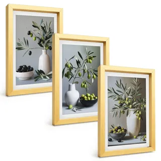 BILDER SET 3er Set - 20x30 cm Goldrahmen - Oliven in schlichten Vasen