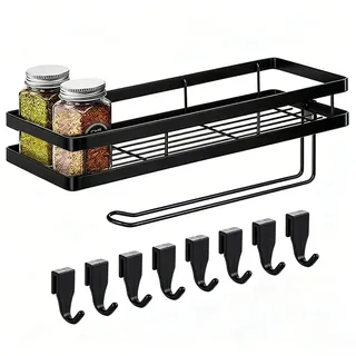 Auciej Gewürzregal Wand Ohne Bohren mit küchenrollenhalter Küchenregal Hängend Metall Gewürzregal zum kleben Küchenregal Organizer mit 8 Haken für Küche Badezimmer Balkon 35 x 12 x 5,7 cm, Schwarz