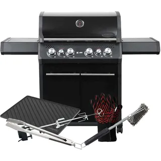 SANTOS Gasgrill S-418 Schwarz - 4 Hauptbrenner, 800 °C Grillzone - Komplettset - Drehspieß, Silikonablage, Rostheber, Grillzange, Grillbürste, Grillhandschuhe