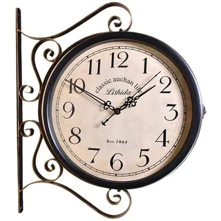 Antik Retro Bahnhofsuhr Metall im Freien doppelseitige Uhr, Vintage Indoor-Außenwanduhr, Wandmontage Retro Central Station, for Terrasse, Garage, Außenbereich Antique Look Bahnhofsuhr Wanduhr Doppelse