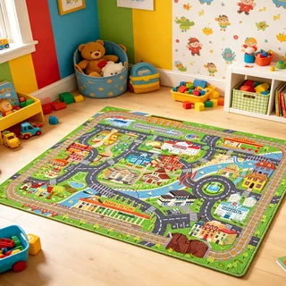 Joalpysm Spielteppich Kinder Stadt Straße 80x120cm, Autoteppich Kinderteppich mit 4 Fixierpads, Rutschfester Spielteppich Straße Teppich Kinderzimmer, Auto Teppiche für Jungen Mädchen