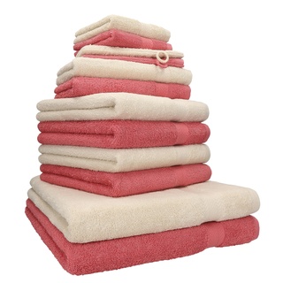 Betz 12-TLG. Handtuch Set Premium 100% Baumwolle 2 Duschtücher 4 Handtücher 2 Gästetücher 2 Seiftücher 2 Waschhandschuhe Farbe Sand/Himbeere