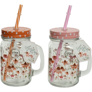 Decoris 1 Trinkbecher mit Deckel und Strohhalm 13cm Glasbecher mit Henkel 450ml Glas Trinkglas Blumen Muster Henkelglas Vintage Becher Wasserglas Orange Rosa