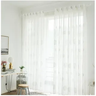 Mesnt Vorhänge Transparent, Baumwolle Leinen Gestickter Ball Muster Net Sheer Vorhang, Weiß, H214 x B132 cm