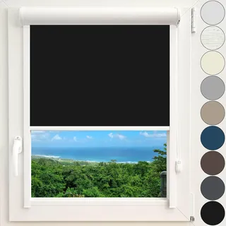 Kassettenrollo Thermorollo Verdunkelungsrollo Fenster Rollo mit Kassette und Führungsschienen zentimetergenaue Maßanfertigung Montage zum Kleben ohne Bohren Silberne Beschichtung Farbe Schwarz