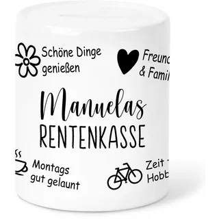 Spardose Rente personalisierte Rentenkasse mit Namen Abschiedsgeschenk Kollegen Kollegin Geld Geschenk zum Renteneintritt Geldgeschenk Sparbüchse Sparkasse Sparschwein aus Keramik (Schwarz-Weiß)