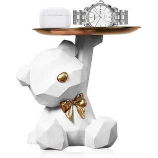 HEYHIPPO Dekotablett Dekofigur Bär mit Tablett – Niedliche weiße Bären-Skulptur aus Harz (Home Desktop Ornamente geeignet für Wohnzimmer Eingang Büro Wohnzimmer), Tierform, Aufbewahrung für Eingangsschlüssel, Geschenkidee 20×18,2 cm weiß