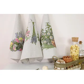 textile idea - Set mit 3 Geschirrtücher Halbleinen 46x60 cm, Küchentücher, Kleine Handtücher 60% Leinen, 40% Baumwolle, Handtuch mit Aufhänger - Kräuter, 3 STK.