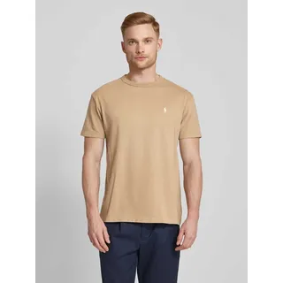 Regular Fit T-Shirt aus reiner Baumwolle mit Label-Stitching, Khaki, XL