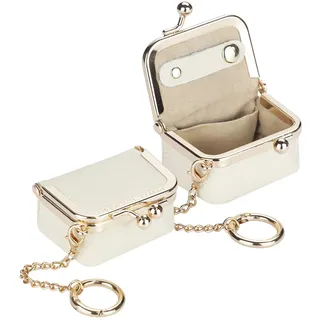 Royal Bagger Mini Schmuckkästchen aus echtem Leder für Damen, Tragbares Schmucketui mit Kiss-Lock-Verschluss, Kleine Schmuckaufbewahrung für Ringe, Ohrringe und Halsketten 1894 (Weiß mit Kette)
