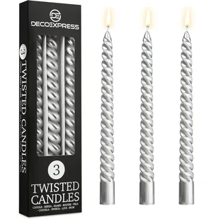 DECO EXPRESS Stabkerzen Set, 3er Packung, Tropffreie Gedrehte Bunte Kerzen, 6 Stunden Brenndauer Unparfümiert, Schlafzimmer Deko Geschenke für Valentinstag und Muttertag (Silber, 3er-Pack)